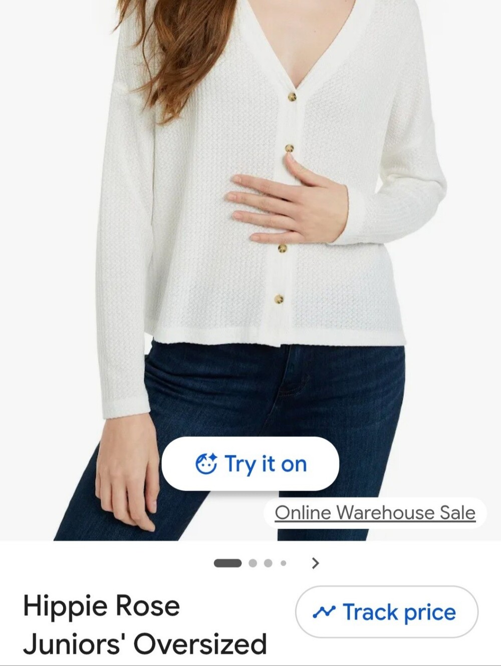 Hippie Rose Junior's Oversize White Waffle-Knit Button Front Cardigan SZ M